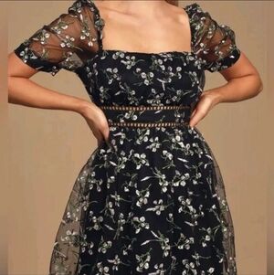 Lulu's Black Floral Embroidered Mini Dress Puff Sleeves Whimsygoth Fairy